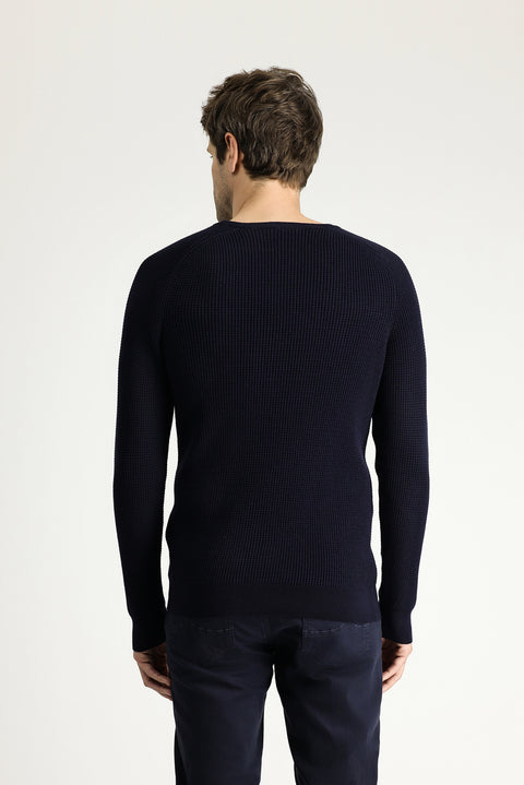 Dark Navy Crew Neck Slim Fit Narrow Cut Patterned Cotton Knit Sweater