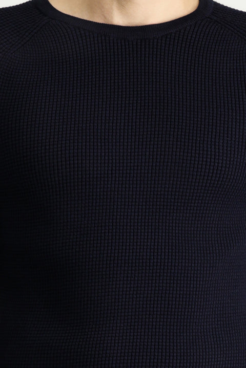 Dark Navy Crew Neck Slim Fit Narrow Cut Patterned Cotton Knit Sweater