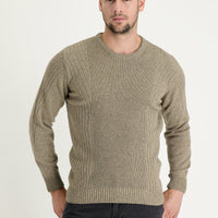 Medium Beige Crew Neck Slim Fit Narrow Cut Wool Patterned Knit Sweater