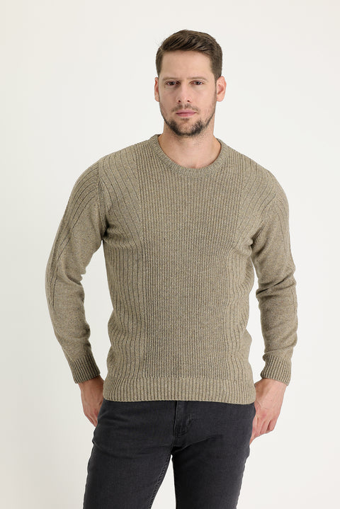 Medium Beige Crew Neck Slim Fit Narrow Cut Wool Patterned Knit Sweater
