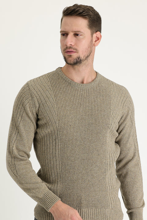 Medium Beige Crew Neck Slim Fit Narrow Cut Wool Patterned Knit Sweater