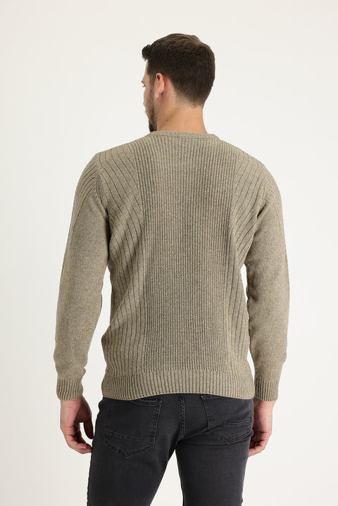 Medium Beige Crew Neck Slim Fit Narrow Cut Wool Patterned Knit Sweater