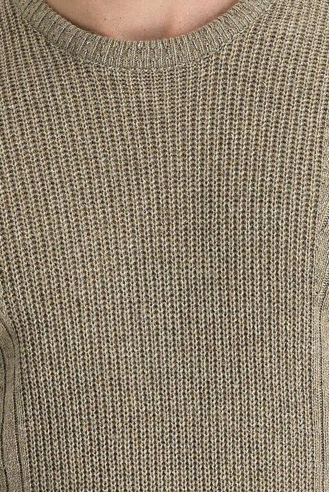 Medium Beige Crew Neck Slim Fit Narrow Cut Wool Patterned Knit Sweater