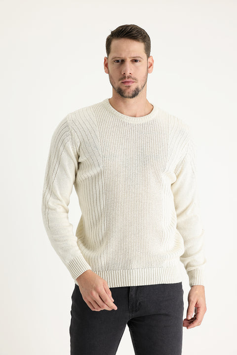 Ekru Bisiklet Yaka Slim Fit Dar Kesim Yünlü Desenli Triko Kazak