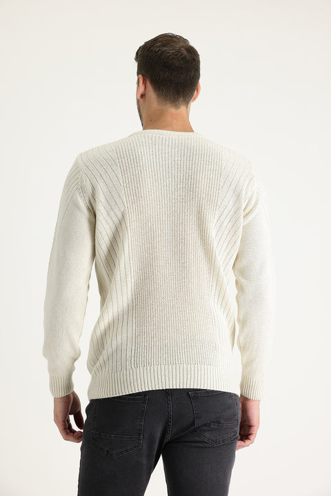 Ekru Bisiklet Yaka Slim Fit Dar Kesim Yünlü Desenli Triko Kazak