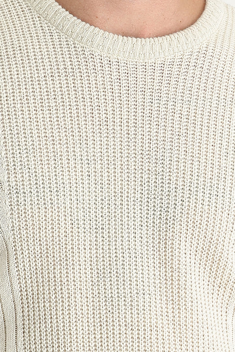 Ekru Bisiklet Yaka Slim Fit Dar Kesim Yünlü Desenli Triko Kazak