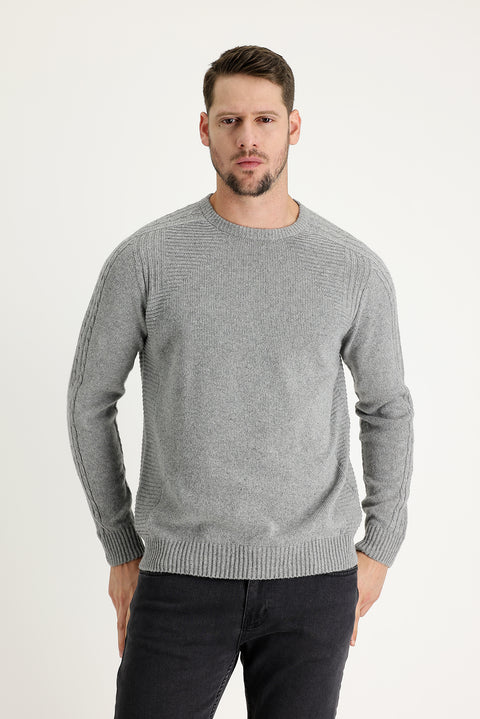 Medium Grey Crew Neck Regular Fit Wool Patterned Knit Sweater