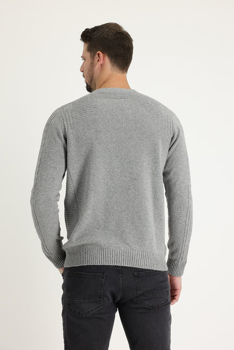 Medium Grey Crew Neck Regular Fit Wool Patterned Knit Sweater