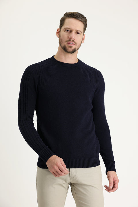 Dark Navy Crew Neck Regular Fit Wool Patterned Cotton Knit Sweater
