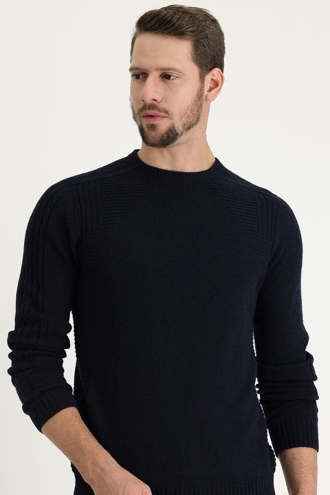 Dark Navy Crew Neck Regular Fit Wool Patterned Cotton Knit Sweater