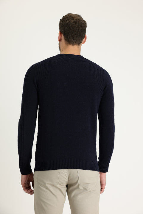 Dark Navy Crew Neck Regular Fit Wool Patterned Cotton Knit Sweater