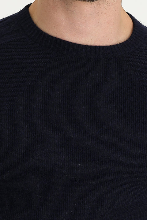 Dark Navy Crew Neck Regular Fit Wool Patterned Cotton Knit Sweater