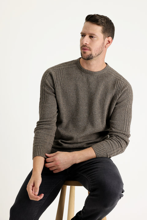 Medium Brown Crew Neck Regular Fit Wool Patterned Cotton Knit Sweater
