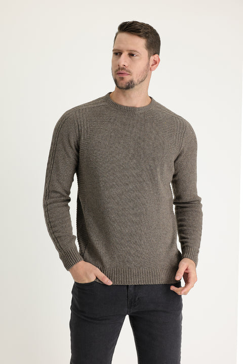 Medium Brown Crew Neck Regular Fit Wool Patterned Cotton Knit Sweater