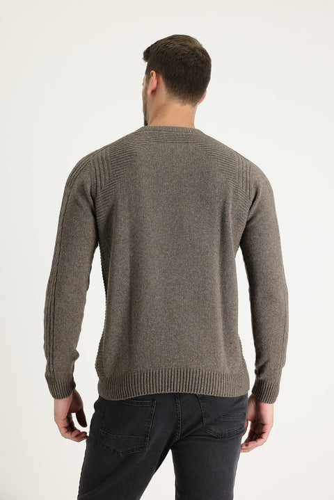 Medium Brown Crew Neck Regular Fit Wool Patterned Cotton Knit Sweater