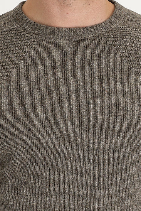 Medium Brown Crew Neck Regular Fit Wool Patterned Cotton Knit Sweater