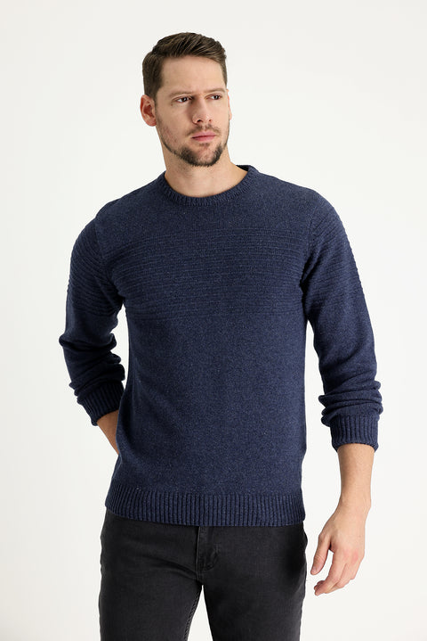 Aviator Blue Crew Neck Slim Fit Narrow Cut Wool Patterned Knit Sweater