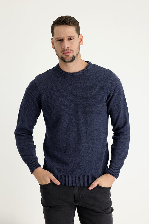 Aviator Blue Crew Neck Slim Fit Narrow Cut Wool Patterned Knit Sweater