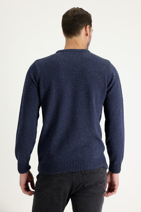 Aviator Blue Crew Neck Slim Fit Narrow Cut Wool Patterned Knit Sweater