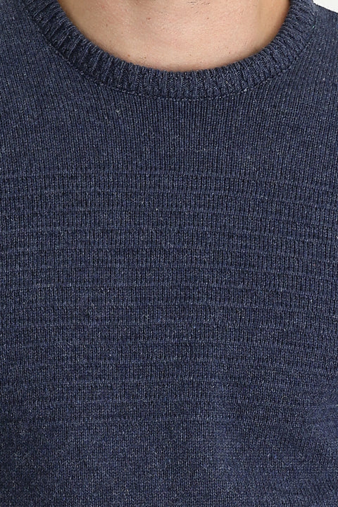 Aviator Blue Crew Neck Slim Fit Narrow Cut Wool Patterned Knit Sweater