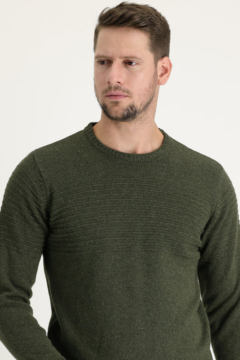 Medium Khaki Crew Neck Slim Fit Narrow Cut Wool Patterned Knit Sweater