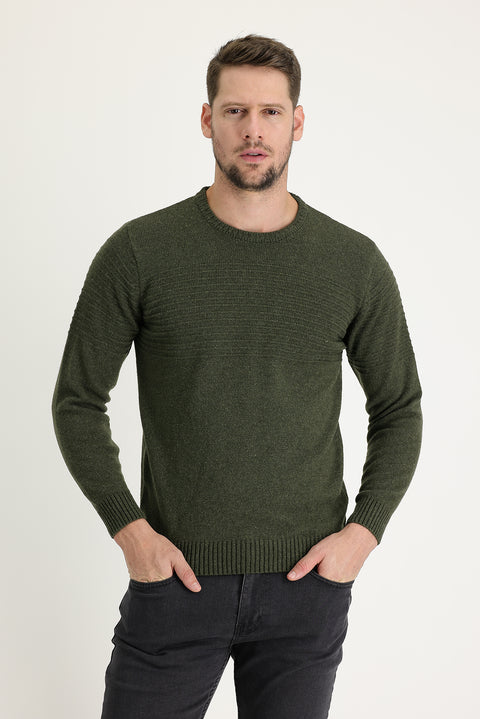 Medium Khaki Crew Neck Slim Fit Narrow Cut Wool Patterned Knit Sweater