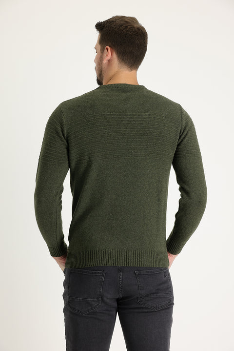 Medium Khaki Crew Neck Slim Fit Narrow Cut Wool Patterned Knit Sweater