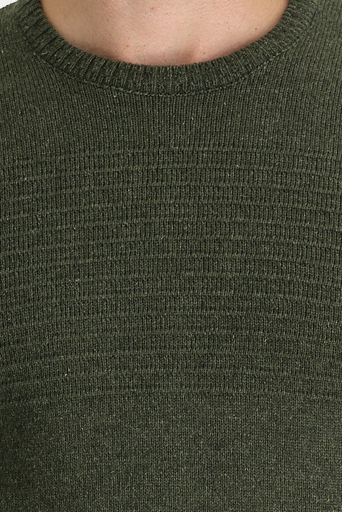 Medium Khaki Crew Neck Slim Fit Narrow Cut Wool Patterned Knit Sweater