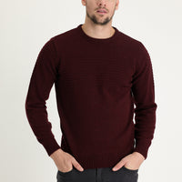 Dark Burgundy Crew Neck Slim Fit Narrow Cut Wool Patterned Knit Sweater