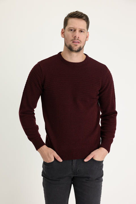 Dark Burgundy Crew Neck Slim Fit Narrow Cut Wool Patterned Knit Sweater