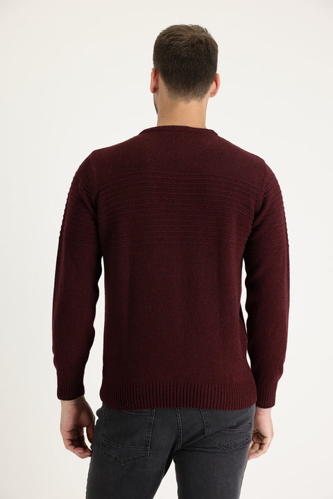 Dark Burgundy Crew Neck Slim Fit Narrow Cut Wool Patterned Knit Sweater
