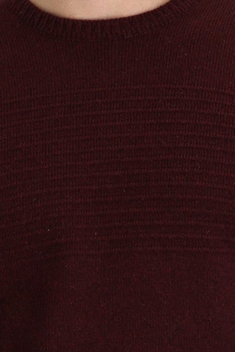 Dark Burgundy Crew Neck Slim Fit Narrow Cut Wool Patterned Knit Sweater