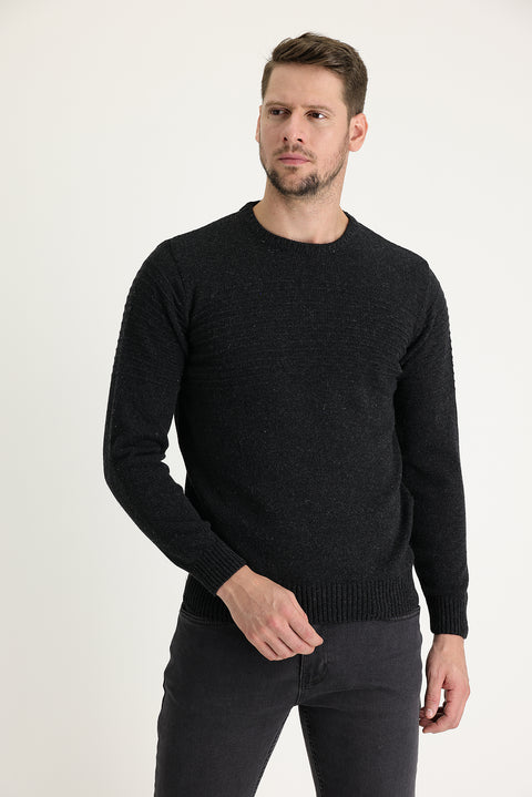 Dark Anthracite Crew Neck Slim Fit Narrow Cut Wool Patterned Knit Sweater