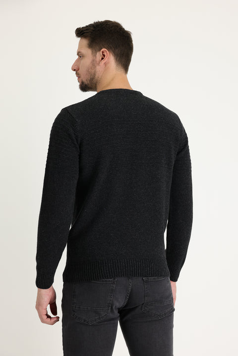 Dark Anthracite Crew Neck Slim Fit Narrow Cut Wool Patterned Knit Sweater