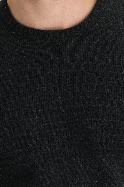 Dark Anthracite Crew Neck Slim Fit Narrow Cut Wool Patterned Knit Sweater