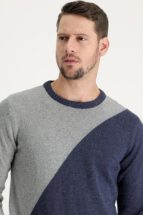 Medium Grey Crew Neck Slim Fit Narrow Cut Wool Patterned Cotton Knit Sweater