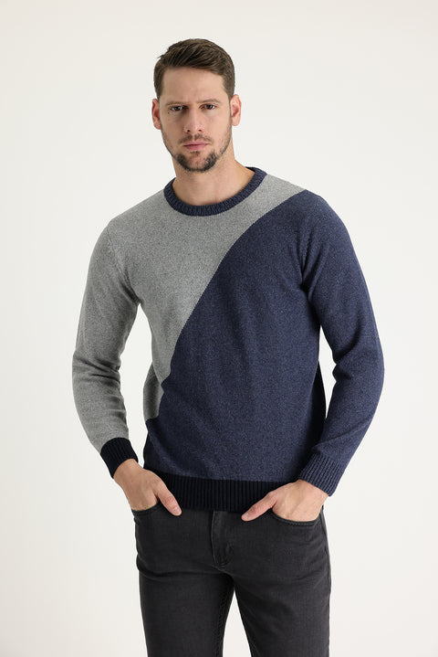 Medium Grey Crew Neck Slim Fit Narrow Cut Wool Patterned Cotton Knit Sweater
