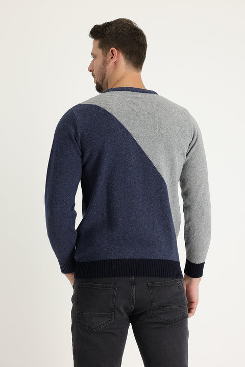 Medium Grey Crew Neck Slim Fit Narrow Cut Wool Patterned Cotton Knit Sweater