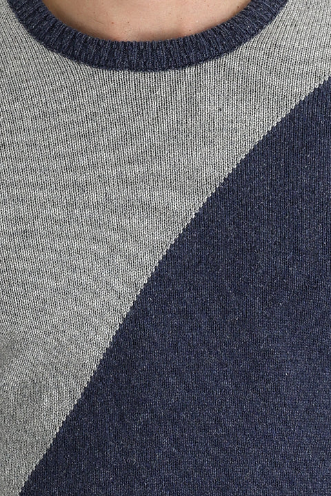 Medium Grey Crew Neck Slim Fit Narrow Cut Wool Patterned Cotton Knit Sweater