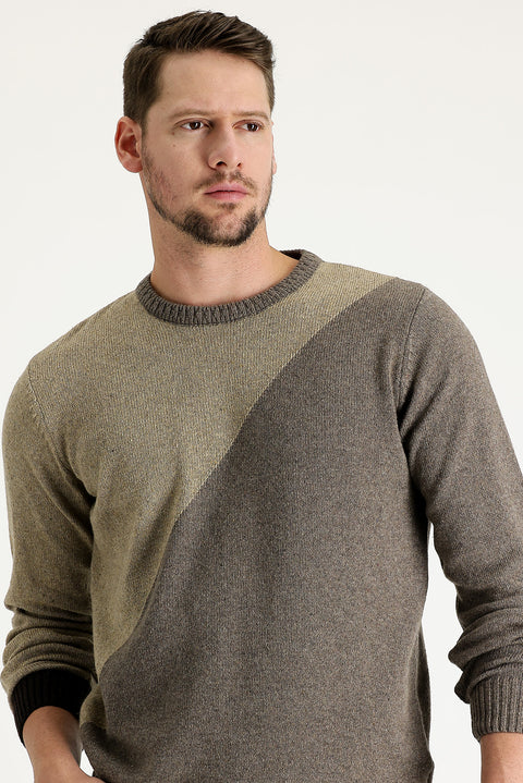 Medium Beige Crew Neck Slim Fit Narrow Cut Wool Patterned Cotton Knit Sweater
