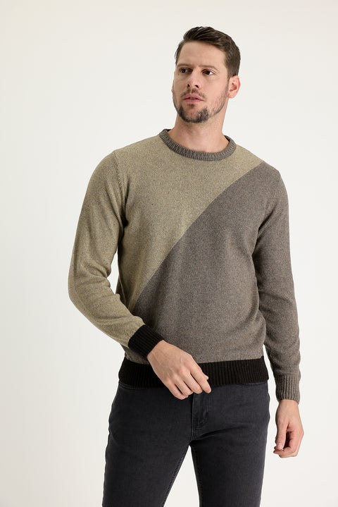 Medium Beige Crew Neck Slim Fit Narrow Cut Wool Patterned Cotton Knit Sweater