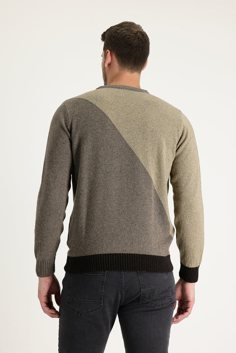 Medium Beige Crew Neck Slim Fit Narrow Cut Wool Patterned Cotton Knit Sweater