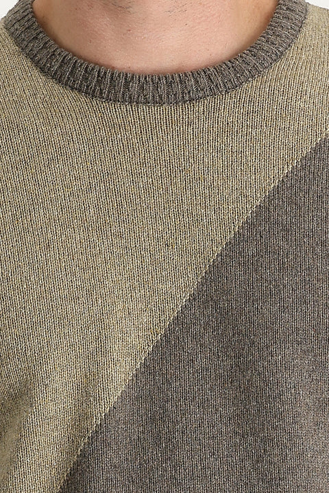 Medium Beige Crew Neck Slim Fit Narrow Cut Wool Patterned Cotton Knit Sweater