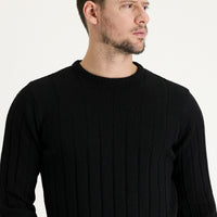 Black Crew Neck Slim Fit Narrow Cut Wool Patterned Knit Sweater