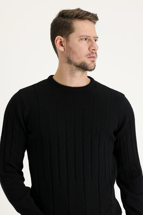 Black Crew Neck Slim Fit Narrow Cut Wool Patterned Knit Sweater