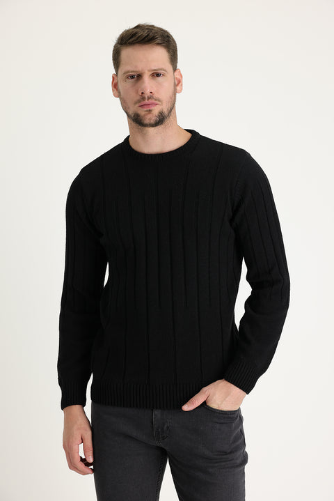 Black Crew Neck Slim Fit Narrow Cut Wool Patterned Knit Sweater