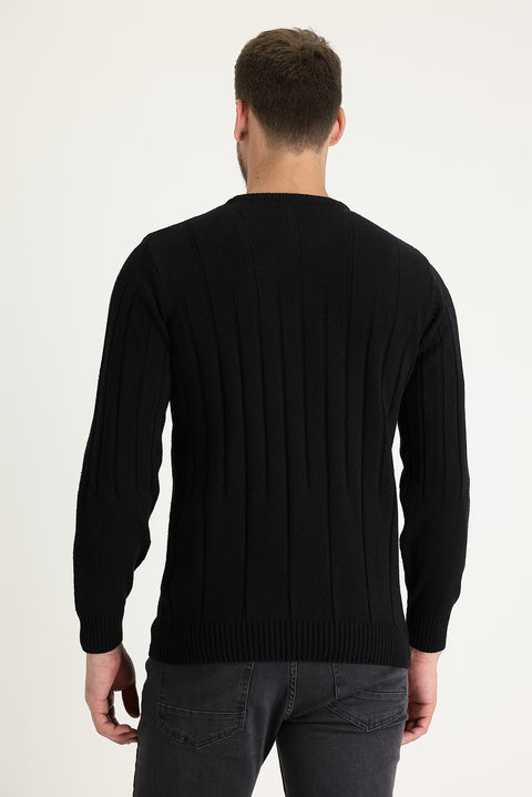 Black Crew Neck Slim Fit Narrow Cut Wool Patterned Knit Sweater