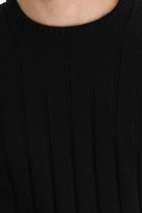 Black Crew Neck Slim Fit Narrow Cut Wool Patterned Knit Sweater