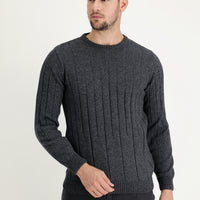 Dark Gray Crew Neck Slim Fit Narrow Cut Wool Patterned Knit Sweater