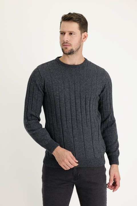 Dark Gray Crew Neck Slim Fit Narrow Cut Wool Patterned Knit Sweater